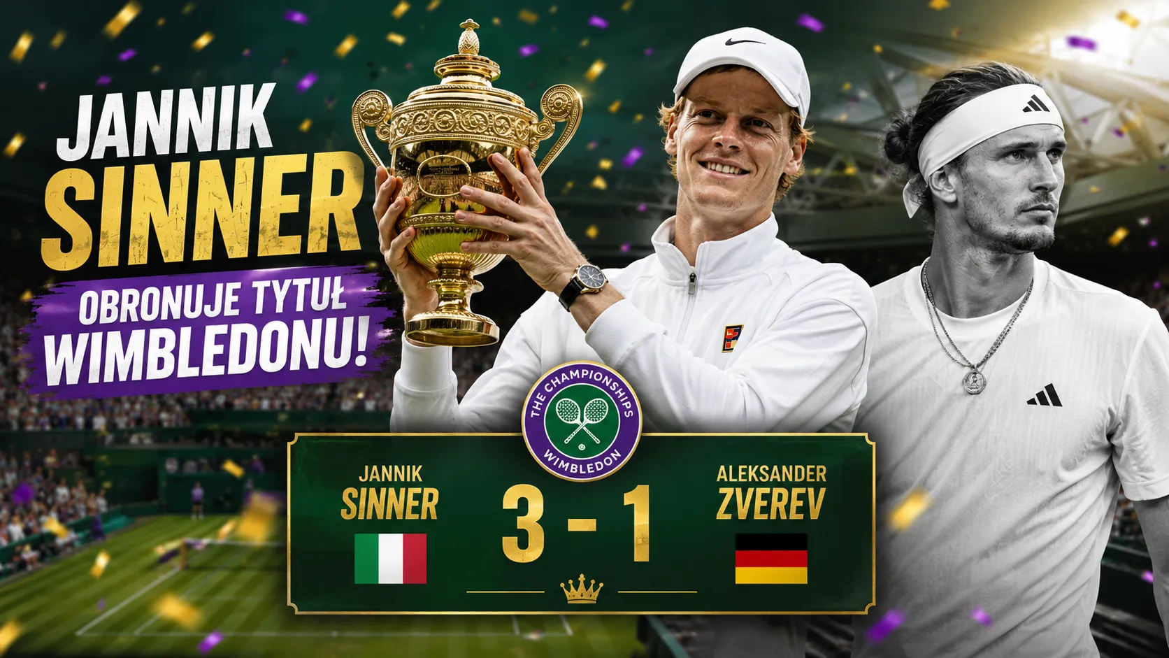 Jannik Sinner obronuje tytuł Wimbledonu pokonując Aleksandra Zwerewa