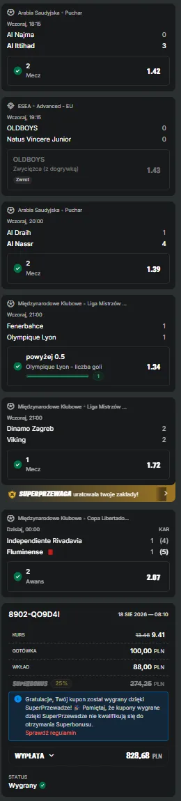 Wygrany kupon Pakiet Duży Kurs 18.08.2026 — kurs 9.41, wypłata 828,68 zł