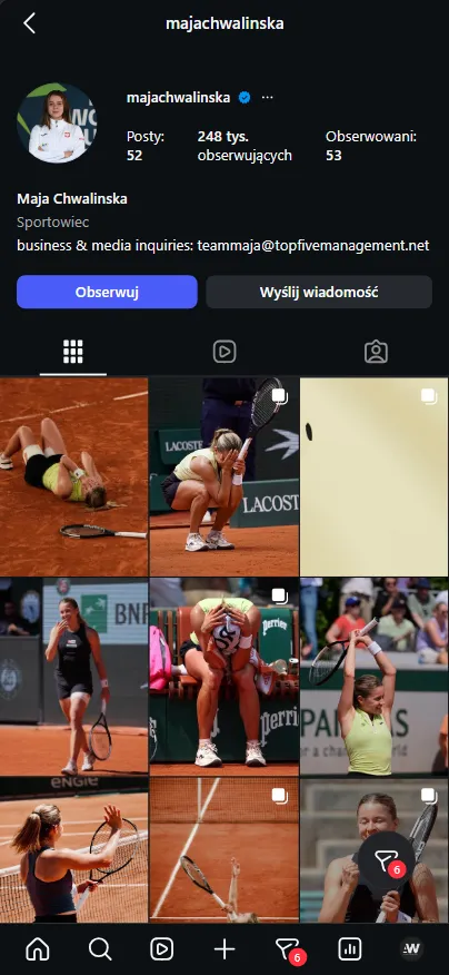 Instagram Mai Chwalińskiej (@majachwalinska) – 248 tysięcy obserwujących podczas Roland Garros 2026
