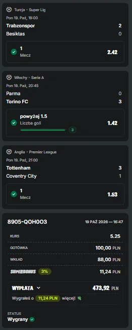 Wygrany kupon z pakietu Średni Kurs — Trabzonspor – Beşiktaş, Parma – Torino, Tottenham – Coventry, kurs 5.25