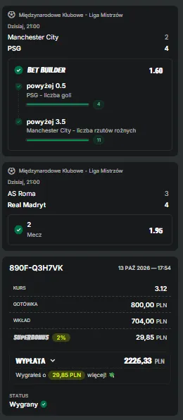 Wygrany kupon z pakietu Gold Hunter — Manchester City – PSG i AS Roma – Real Madryt, kurs 3.12